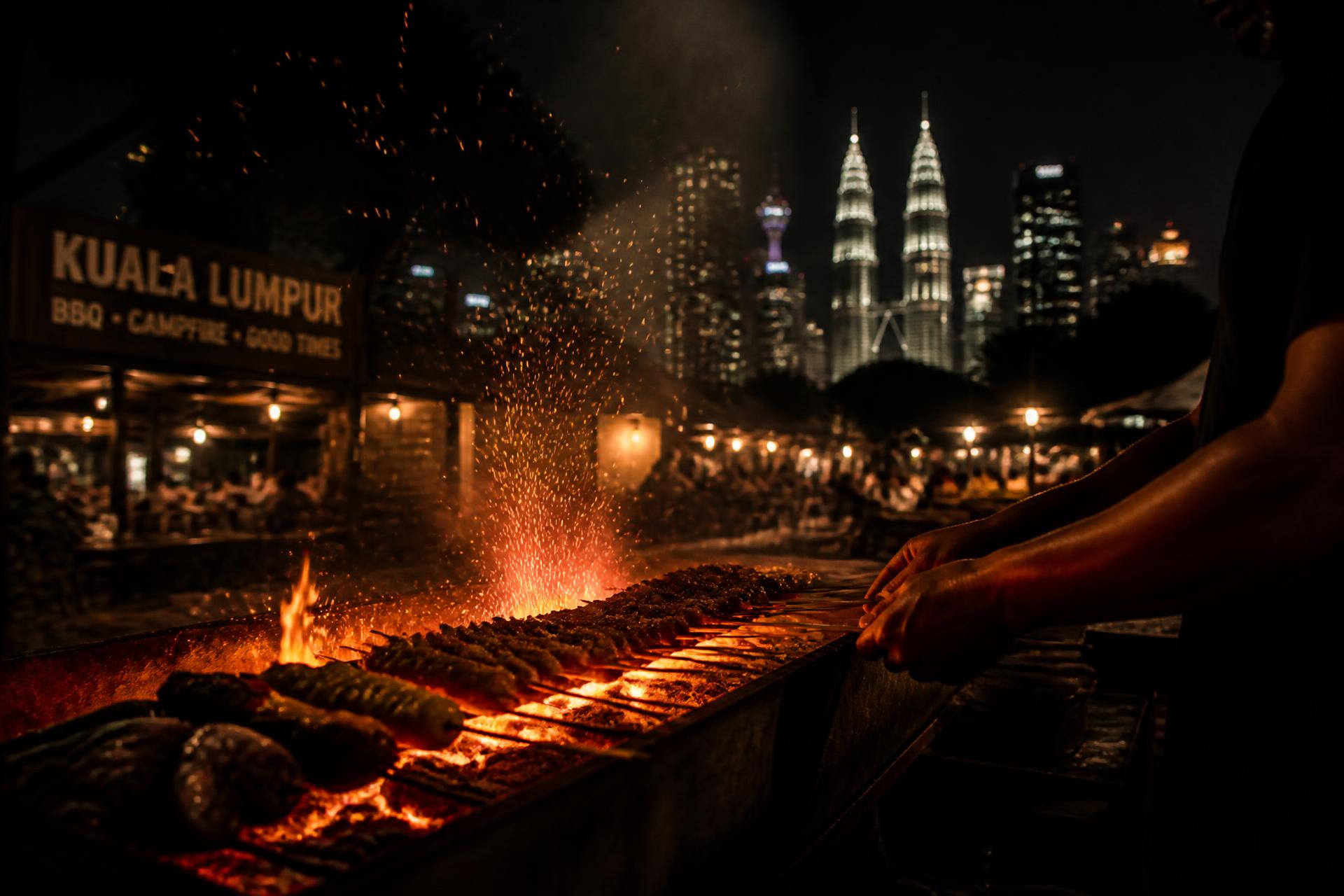 Skewers charring over an open-flame grill at night with the Kuala Lumpur skyline behind