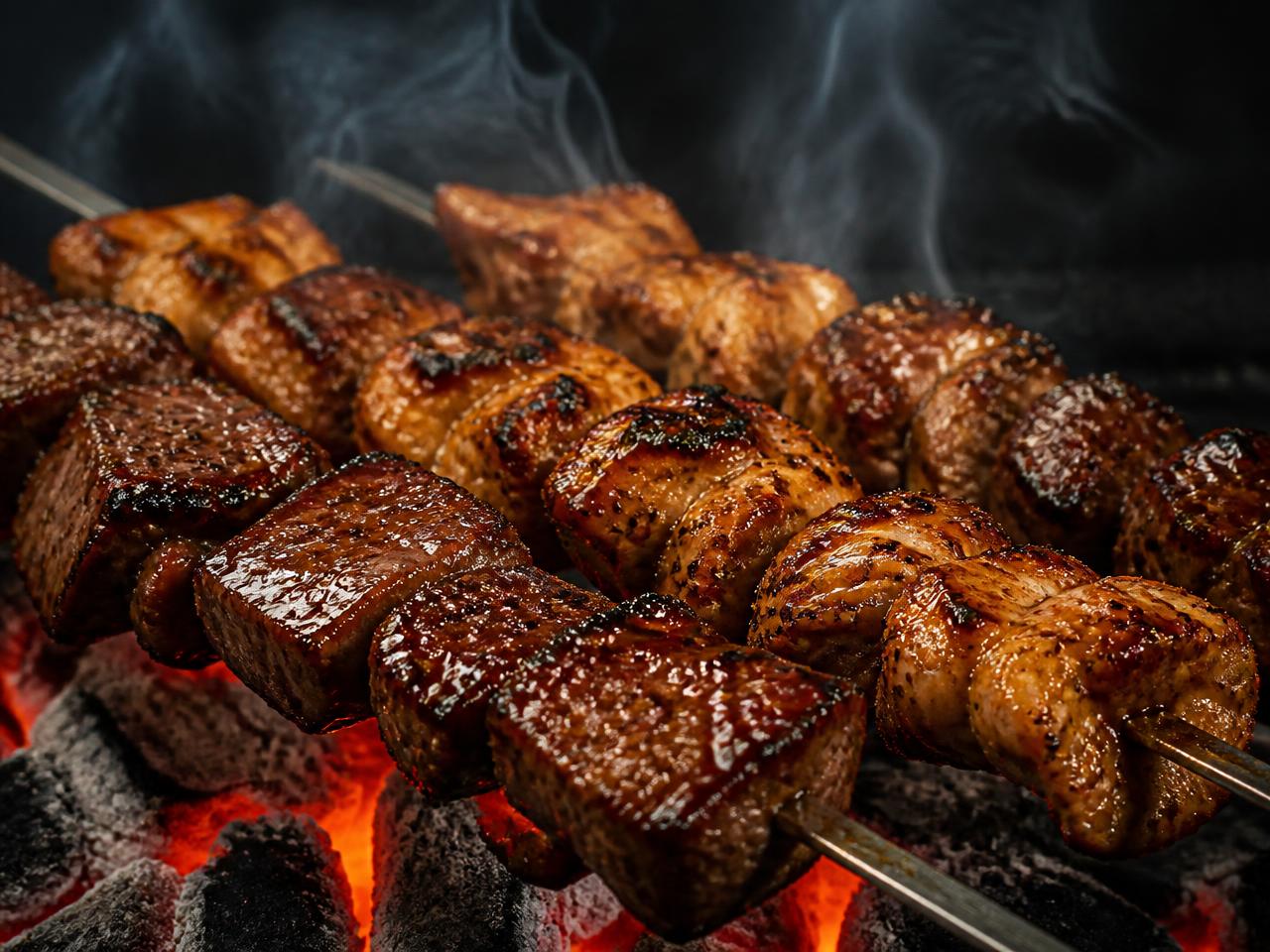 Beef and chicken skewers glazed and charring over glowing charcoal